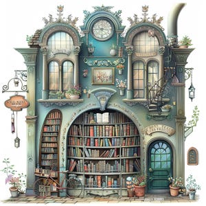 Whimsical Bookshop Clipart, 13 wysokiej jakości plików JPG, Quirky Vintage Storefront Clipart, Card Making, Junk Journaling, COMMERCIAL APPLY | AF0416-2