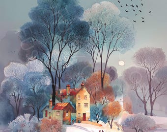 Whimsical Winter Landscape Clipart 16 High Quality Watercolour Rural Snowy House JPGs, Card Making Junk Journal Digital Download | AF0819-2