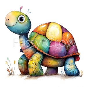 Op de afbeelding: Een kleurrijke cartoon schildpad met een felblauwe kop en een schild gemaakt van veel verschillende gekleurde vierkanten en swirls.