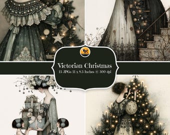 May include: A digital collection titled Victorian Christmas containing 15 JPGs measuring 27.94 x 21.59 cm at 300 dpi. The images feature illustrations of figures in long gowns decorating Christmas trees with ornaments and lights, and holding gift boxes.
