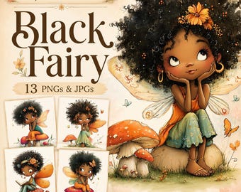 Black Fairy Clipart, Whimsical African American Girl, 13 Printable Watercolour PNGs & JPGs, Digital Download, Commercial Use