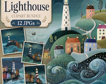 Whimsical Lighthouse Clipart, 12 High Quality Watercolour Quirky Seascape JPGs Card Making Journal, Paper Craft Digital Download | AF0613-1