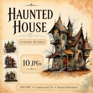 May include: A digital graphic featuring the text HAUNTED HOUSE CLIPART BUNDLE 10 JPGs 300 DPI Commercial Use Instant Download. The image displays a detailed illustration of a multi-story house with pointed roofs, arched windows, and a fence.