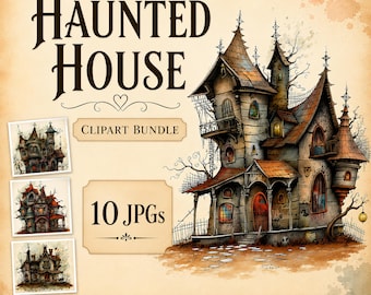 Quirky Haunted House Clipart, 10 High Quality JPGs, Spooky Halloween Images, Card Making, Junk Journaling, Whimsy COMMERCIAL USE | AF0401-2