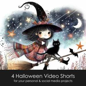 以下が含まれることがあります： 星空を背景に、黒猫とほうきに乗った若い魔女のイラスト。魔女は帽子、スカーフ、ブーツを着用しています。「4 Halloween Video Shorts」のテキストは、個人的なソーシャルメディアプロジェクトに含まれています。