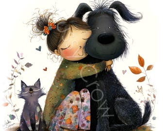Girl With Cat & Dog Clipart 16 High Quality Watercolour Quirky Best Friend JPGs, Card Making, Paper Craft, Journal COMMERCIAL USE | AF0616-1