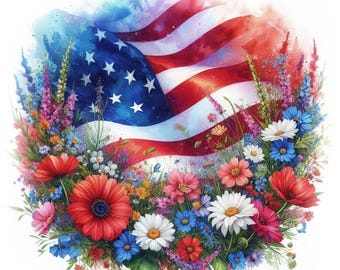 10 Amerikaanse vlag bloemen clipart, 4 juli Stars & Stripes JPG's, kaarten maken, Junk Journal, digitale download commercieel gebruik | AF0603