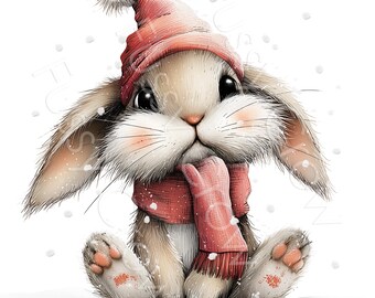 Pink Holiday Bunny Clip Art, Watercolour Nursery Winter Rabbit Graphics, 10 JPGs, Digital Download, Commercial Use, Card Making