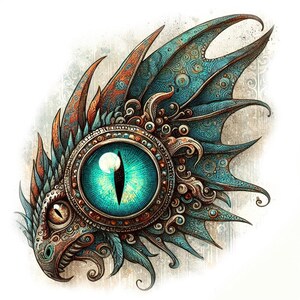 May include: A detailed illustration of a dragon's eye, with intricate patterns and a teal blue iris. The eye is surrounded by a gold and copper frame, and the dragon's wing is visible in the background.