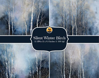 Birch Tree Digital Papers, Watercolour Winter Woodland Backgrounds, 12 JPGs, Instant Download, Junk Journal, Card Making, Commercial Use
