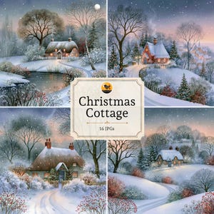 May include: A digital collection of four winter landscape illustrations featuring snow-covered cottages, bare trees, and winding paths under a soft sky. A central label displays the text Christmas Cottage and 16 JPGs with a small bird icon.