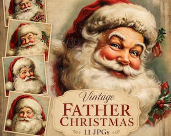 Vintage Santa Clipart, 11 High Quality Watercolour JPGs, Christmas Card Making, Junk Journaling, Paper Craft, Digital Download | AF0704-1