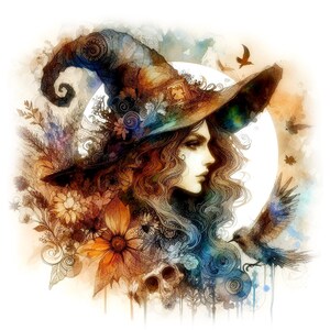 May include: A watercolor painting of a woman with long brown hair wearing a large, wide-brimmed witch's hat with intricate details. The hat is adorned with flowers and swirls. The woman's face is partially obscured by the hat, but her eyes are visible and she has a soft expression. The background is a soft, watercolor wash of colors, with a hint of a moon in the background.