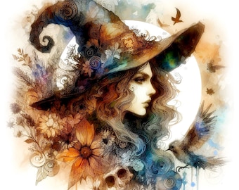 Witch Clipart 10 High Quality JPGs, Watercolour Witch Images, Fantasy Pagan Clipart, Card Making, Junk Journaling, COMMERCIAL USE | AF0303