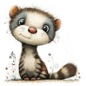 Puede incluir: Ilustración de dibujos animados de un hurón con una cabeza grande y una expresión amigable. El hurón tiene pelaje marrón y blanco, una nariz rosada y ojos negros grandes. Está sentado en un trozo de tierra con pequeñas flores y una mariposa.
