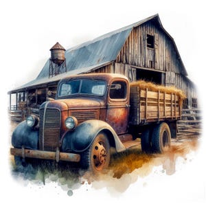 Vintage boerderij vrachtwagen clipart 10 hoge kwaliteit jpg's, aquarel rustieke boerderijafbeeldingen, kaarten maken, junkjournaling, COMMERCIEEL GEBRUIK | AF0220-2