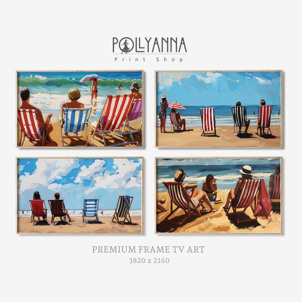 Beach Holiday Frame TV Art x4 Coastal Paintings, Family Friends Vacation, Deck Chairs, Beach House Contemporary Décor Seascape  | A0423/TV-1