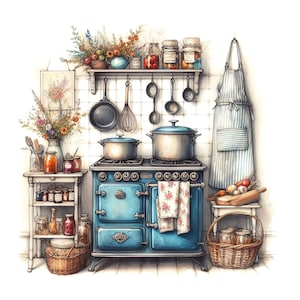 Peut inclure: Illustration à l'aquarelle d'une cuisine bleue vintage avec une cuisinière, des casseroles, des poêles et des bocaux de conserves. Un tablier à rayures est accroché à proximité, avec un panier de bocaux et une petite table avec des pots et des fleurs.