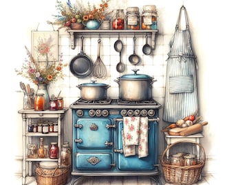 Clipart de cocina, 10 archivos JPG de acuarela de alta calidad, clipart de cocina, creación de tarjetas, diario basura, manualidades de papel, descarga digital / AF0718