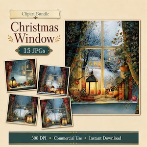 May include: A digital clipart bundle titled Christmas Window containing 15 JPGs. The images feature a snowy outdoor scene viewed through a window, decorated with lit lanterns, candles, pinecones, and books on the sill, framed by plaid curtains.