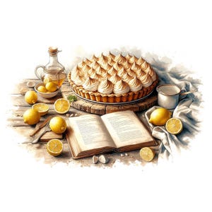 Lemon Meringue Pie Torte Clipart, 16 hochwertige JPGs, Aquarell Obst Dessert, Kartenherstellung, Junk Journal, Papierhandwerk, KOMMERZIELLE NUTZUNG | AF0611