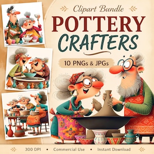 May include: A digital clipart bundle titled "Pottery Crafters" featuring illustrations of two elderly people crafting pottery. The image includes multiple illustrations of the crafters working with clay, along with various finished pottery pieces. The bundle includes 10 PNGs and JPGs.