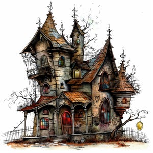 Imágenes prediseñadas de una casa embrujada peculiar, 10 archivos JPG de alta calidad, imágenes espeluznantes de Halloween, creación de tarjetas, diarios basura, fantasía. USO COMERCIAL / AF0401-2