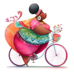 Clipart femme noire aux courbes originales sur un vélo, 13 fichiers JPG de haute qualité, fabrication de cartes, journal indésirable, femme lunatique, UTILISATION COMMERCIALE | AF0423