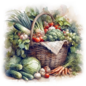 Erntekorb Clipart, 10 hochwertige JPGs, Aquarell Gemüsebilder, Küchendekoration, Kartenherstellung, Journaling, KOMMERZIELLE NUTZUNG | AF0320