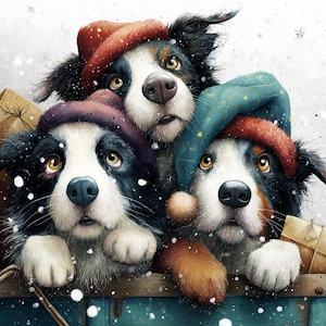May include: An illustration of three Bernese Mountain Dogs wearing festive hats. The dogs have black, white, and brown fur, with one wearing a teal hat and the others wearing red hats. Snowflakes fall around them, and gifts are visible.