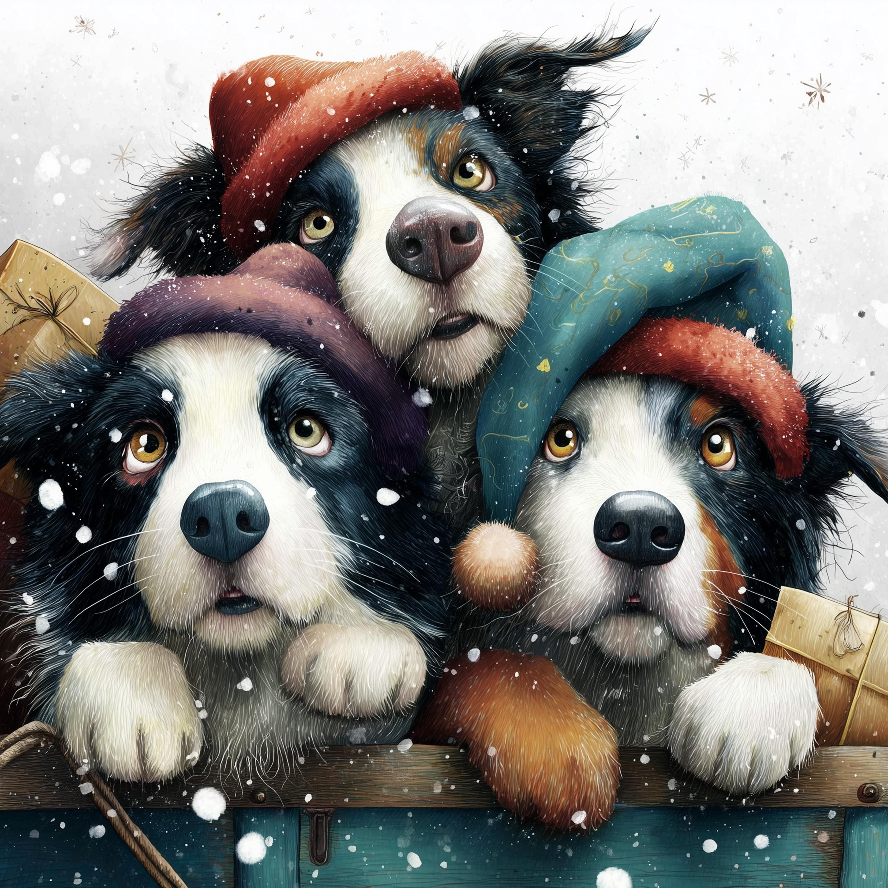 Christmas Card With A Cute Border Collie In Christmas Clothes, On A