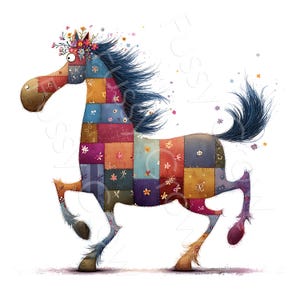 May include: A colourful illustration of a patchwork horse. The horse has a patchwork body, a flowing blue mane and tail, and a floral crown. The design is playful and vibrant, suitable for children's decor or art prints. The horse is shown in motion.