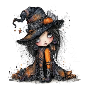K&ouml;nnte beinhalten: Eine digitale Illustration einer Figur mit langem schwarzem Haar, die einen gro&szlig;en, dunklen, abgenutzten Hexenhut mit einem kleinen orangefarbenen K&uuml;rbis tr&auml;gt. Die Figur tr&auml;gt ein dunkles, mehrlagiges Kleid mit orangefarbenen Akzenten.