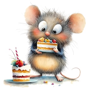Clipart de ratinhos de aniversário, 10 JPGs de alta qualidade, ratinhos de aquarela com bolo e velas, criação de cartões, diário de sucata, uso comercial | AF0424
