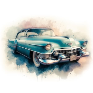 Cadillac clipart, 10 hoge kwaliteit jpg's, aquarel Amerikaanse oldtimer, autoliefhebber, kaarten maken, junkjournaling, COMMERCIEEL GEBRUIK | AF0224-3