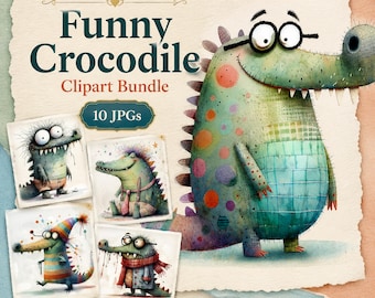 Funny Crocodile Clipart, 10 High Quality JPGs, Watercolour Quirky Jungle Animal, Card Making, Junk Journal, Whimsy, COMMERCIAL USE | AF0221