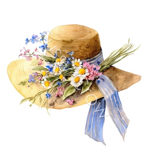 Clipart di cappelli estivi, 10 JPG di alta qualità, cappello da donna con fiori acquerellati, creazione di carta, biglietti, diario di scarto, download digitale / AF0721