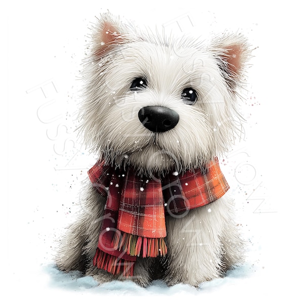 West Highland Terrier-illustraties, aquarel wintervakantie honden, 10 JPG's, Digitale download, Commercieel gebruik, kaarten maken, Junk Journal