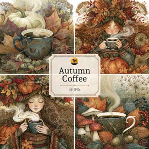 Peut inclure: Une collection d'art numérique intitulée Autumn Coffee comprenant 16 fichiers JPG. Les images présentent des tasses de café fumantes entourées d'éléments d'automne dont des citrouilles, des feuilles d'érable, des glands, des champignons et des baies.