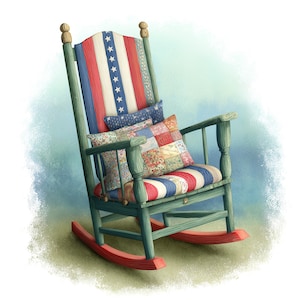 May include: A painted wooden rocking chair with a patriotic theme. The chair features red, white, and blue stripes and stars on the backrest and seat. Decorative pillows with floral and patchwork patterns add to the Americana aesthetic.