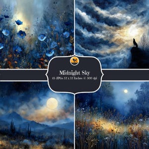 Puede incluir: Una colección de cuatro impresiones de arte digital con el tema del cielo de medianoche. Las imágenes presentan escenas de flores, un lobo aullando, una luna llena y un paisaje. Se muestra el texto "Midnight Sky", junto con las dimensiones de 30,48 x 30,48 cm.