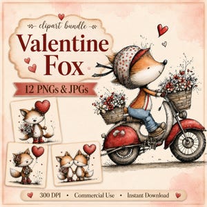 Aftelkalender voor Valentijnsdag Fox-illustraties, grillige liefde hart dierenafbeeldingen, 12 png-/jpg-bestanden, digitale download, commercieel gebruik, kaarten maken