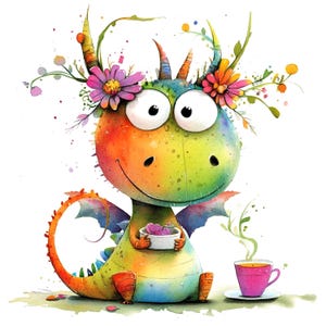 Clipart de dragón adorable, 10 archivos JPG de alta calidad, criaturas de cuentos de hadas en acuarela, creación de tarjetas, diario basura, fantasía, uso comercial / AF0321
