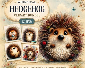 Whimsical Hedgehog Clipart, Quirky Woodland Animal Images, 12 JPGs, Card Making, Journaling, Digital Download, COMMERCIAL USE | AF0228-2