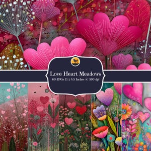 Op de afbeelding: Digitale kunstprint getiteld "Love Heart Meadows" met levendige roze hartvormige bloemen en andere bloemelementen. De afbeelding bevat een verscheidenheid aan kleurrijke weidescènes, elk 27,9 x 21,6 cm groot.
