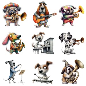 Muzikale honden clipart, 18 hoogwaardige aquarel jpg's, dieren orkestinstrumenten, kaarten maken, junkjournaling, COMMERCIEEL GEBRUIK | AF0609