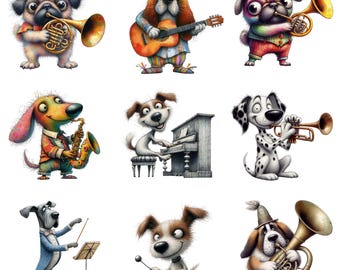 Musical Dogs Clipart, 18 High Quality Watercolour JPGs, Orchestral Instrument Animals, Card Making, Junk Journaling, COMMERCIAL USE | AF0609