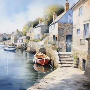 May include: A red rowboat is docked at a stone pier in a harbor. The boat is tied to the pier with a rope. The pier is lined with stone steps leading up to a row of houses. The houses are painted in shades of blue and white. The water in the harbor is calm and reflects the sky.