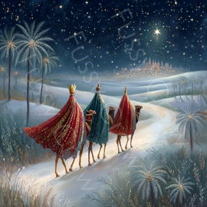 Könnte beinhalten: Eine künstlerische Darstellung der Heiligen Drei Könige auf Kamelen, die einem hellen Stern folgen. Die Szene spielt in einer verschneiten Landschaft mit Palmen unter einem sternenklaren Nachthimmel. Die Weisen tragen verzierte Roben in Rot und Türkis.