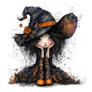 K&ouml;nnte beinhalten: Eine digitale Illustration einer Figur mit langem schwarzem Haar, die einen gro&szlig;en, dunklen, spitzen Hexenhut mit orangefarbenen Akzenten und einem kleinen K&uuml;rbisanh&auml;nger tr&auml;gt. Die Figur hat gro&szlig;e blaue Augen, gestreifte Str&uuml;mpfe und orangefarbene Schuhe.